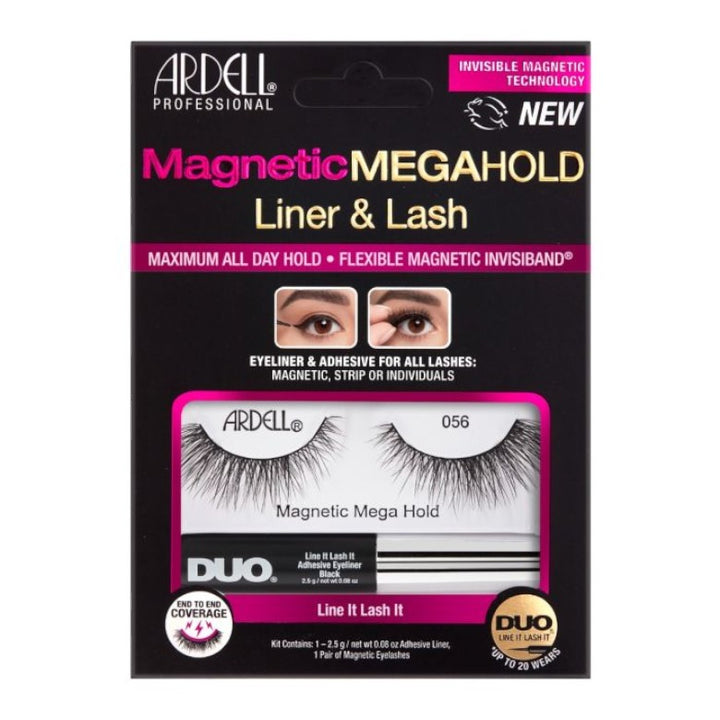 Packaging for Ardell Magnetic MegaHold Liner & Lash, showing the product and its features.